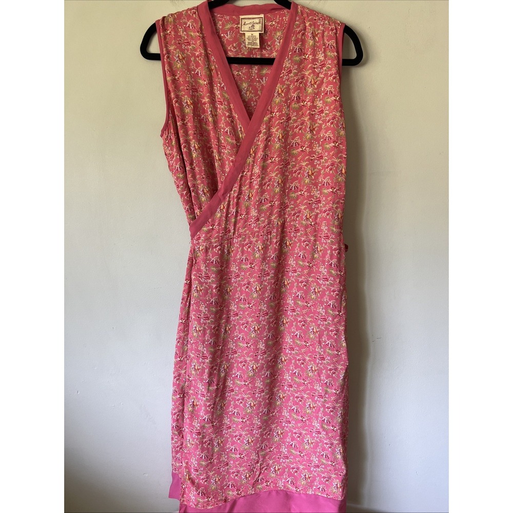 Vintage April Cornell Pink Raspberry Floral Sleeveless Wrap Dress Size M Rayon